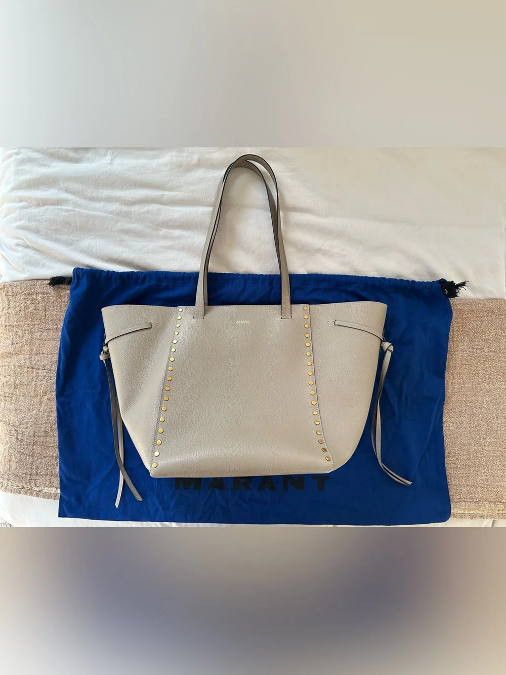 Isabel Marant Oskan Taupe Studded Leather Tote with Gold Accents